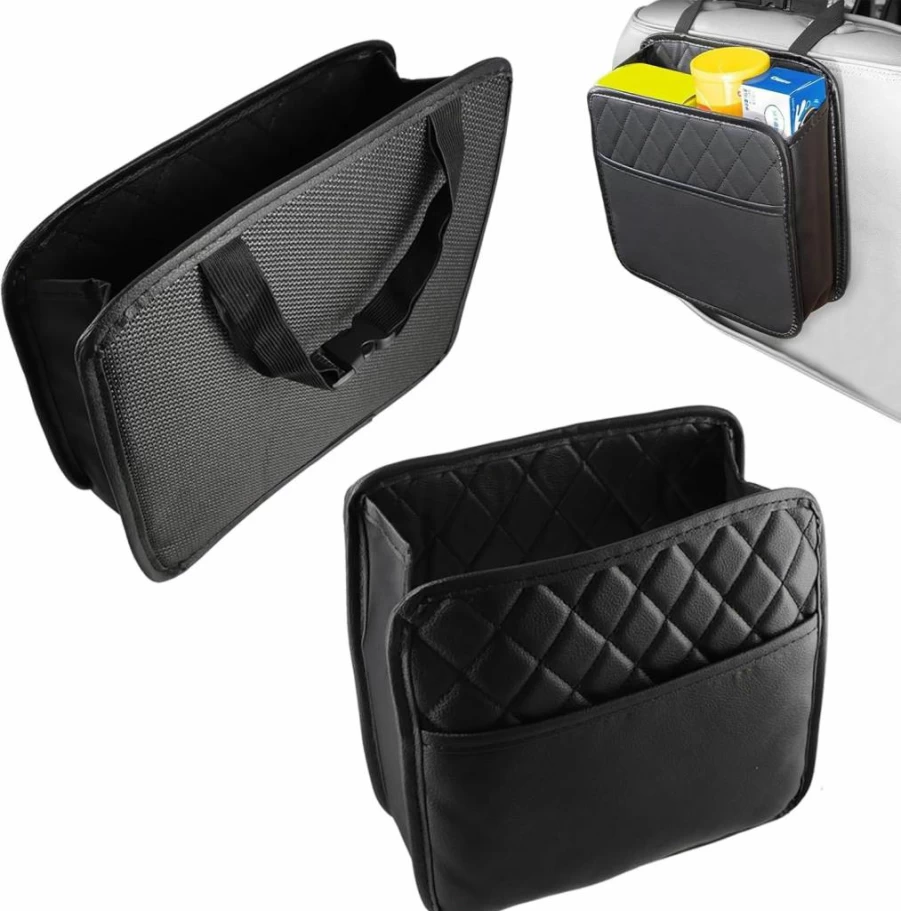 PKRFCJ 2Pcs Car Backseat Organizer - PU Leather Hanging Storage Pocket for Vehicle Seat, Multi-Purpose Auto Travel Accessories (Black)
