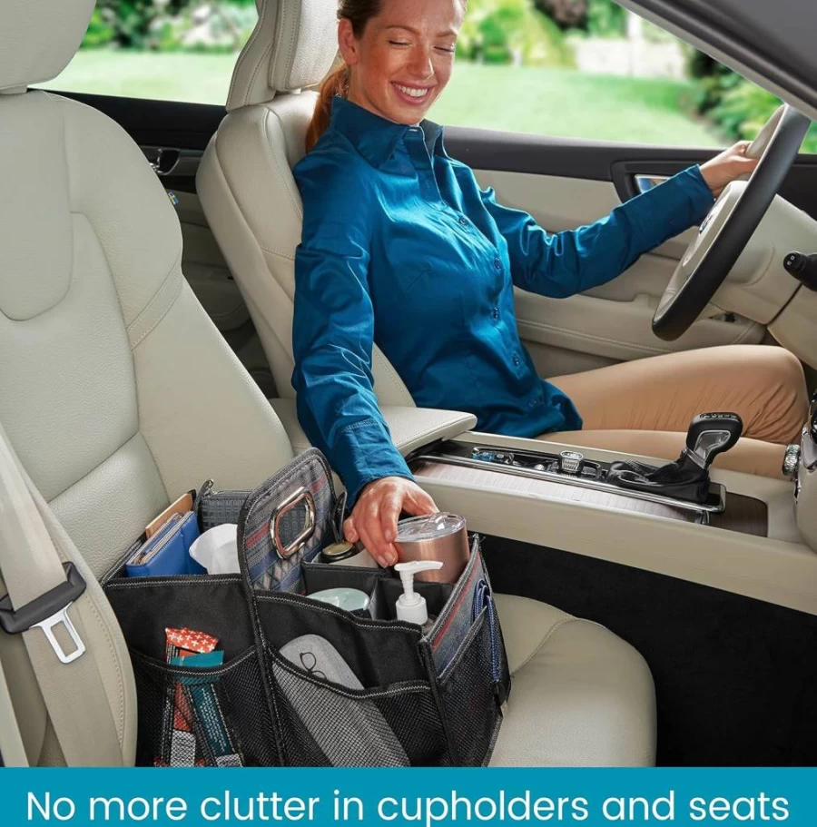 High Road Car Organizer with Cup Holders - Front Seat or Back Seat Storage Caddy for Drivers & Kids - Portable Auto Accessory with One-Hand Carry Handle