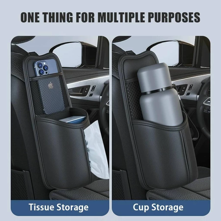 FURSATO 2-in-1 Car Tissue Holder and Seat Back Organizer with Mesh Pockets, Leather Car Seat Storage Box, Multifunctional Hanging Napkin Holder for Front Seat
