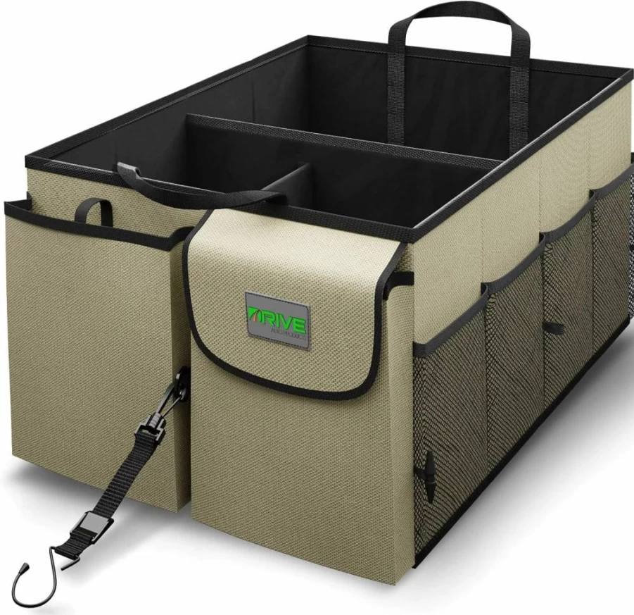 DRIVE Collapsible Car Trunk Organizer with Adjustable Straps - Multi-Compartment SUV Storage Solution for Men & Women - Durable Black Auto Accessories