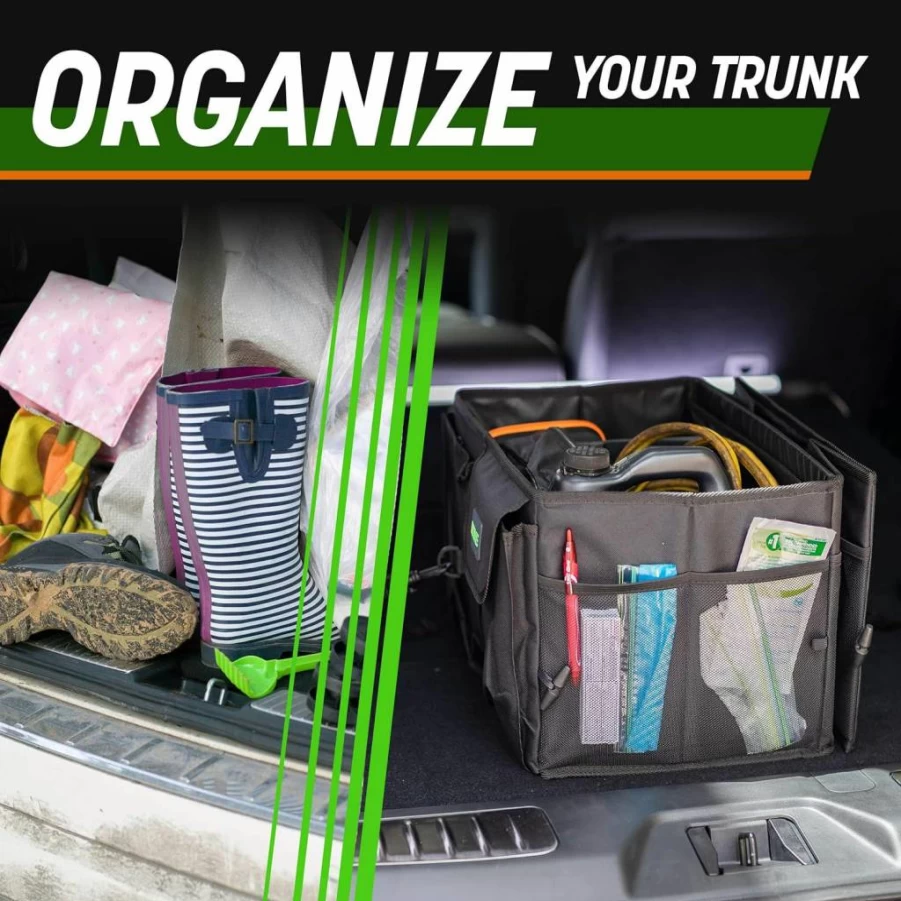 DRIVE Collapsible Car Trunk Organizer with Adjustable Straps - Multi-Compartment SUV Storage Solution for Men & Women - Durable Black Auto Accessories