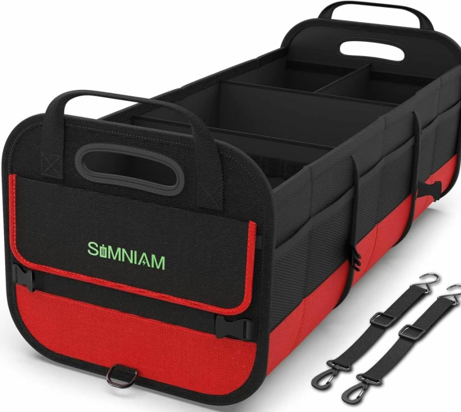 Simniam Collapsible Car Trunk Organizer with 4 Compartments & Retractable Straps - Large Multi-Compartment Storage for SUV, Minivan, and All Vehicle Types - Red
