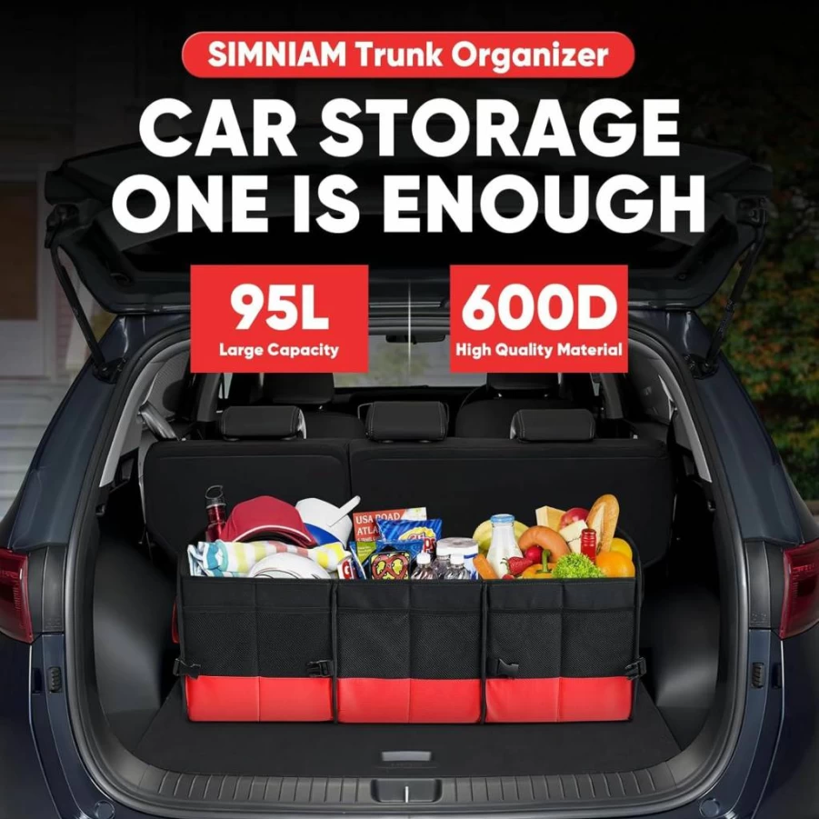 Simniam Collapsible Car Trunk Organizer with 4 Compartments & Retractable Straps - Large Multi-Compartment Storage for SUV, Minivan, and All Vehicle Types - Red