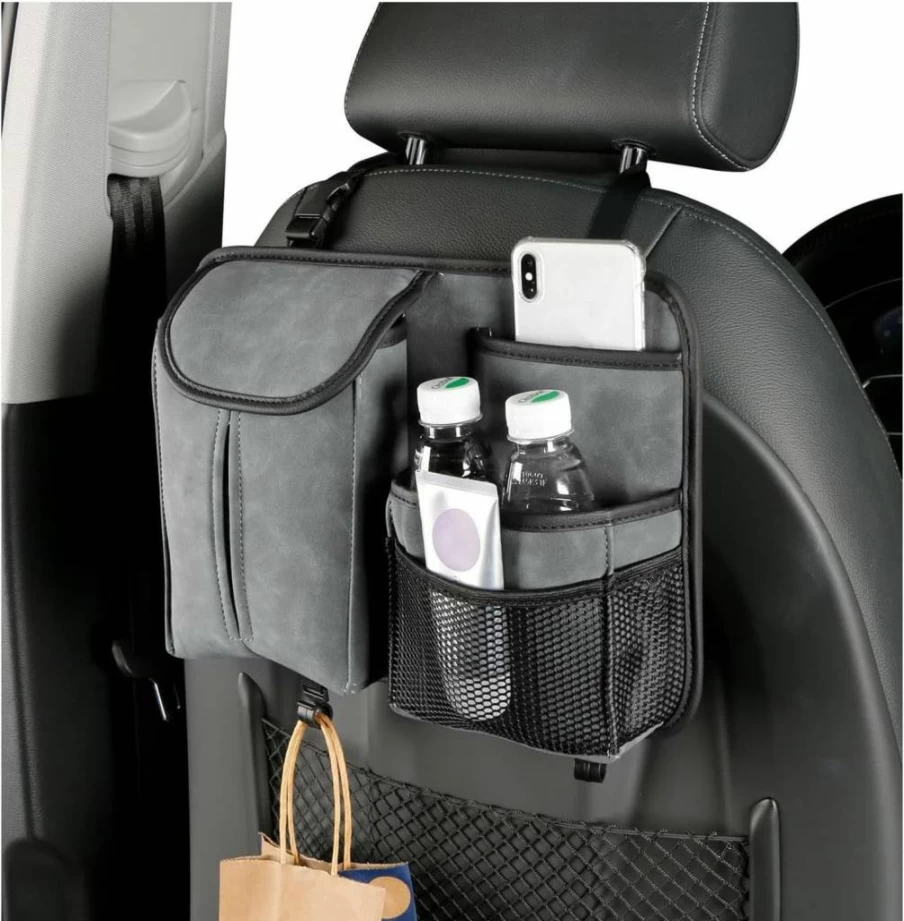 Dickno Black Leather Car Back Seat Organizer with Multi-Pockets, Tissue Box Holder & Hooks - Universal Hanging Front Seat Storage for Vehicle Travel Accessories