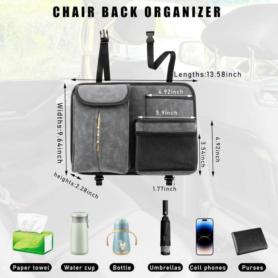 Dickno Black Leather Car Back Seat Organizer with Multi-Pockets, Tissue Box Holder & Hooks - Universal Hanging Front Seat Storage for Vehicle Travel Accessories