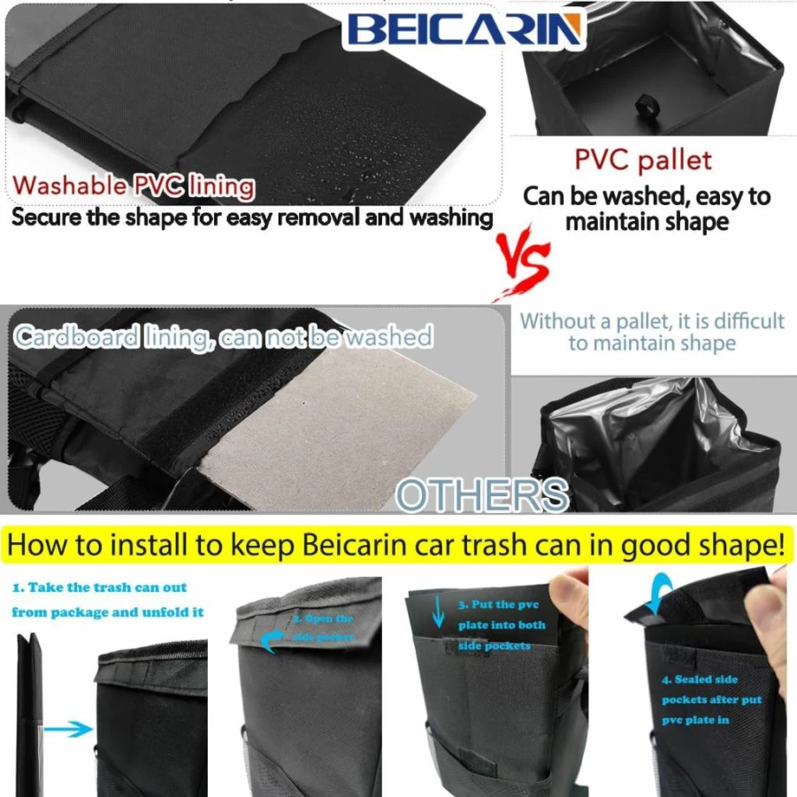 Beicarin 2.6 Gal Car Trash Can - Leak-Proof Hanging Garbage Bin with Lid, Collapsible Waterproof Storage Organizer for Vehicle, Home, and Travel