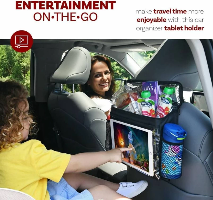 Lebogner Insulated Car Seat Organizer with Tablet Holder - Travel Storage Cooler Bag for Adults & Kids, Front Seat Caddy for Auto Driver & Passenger Accessories