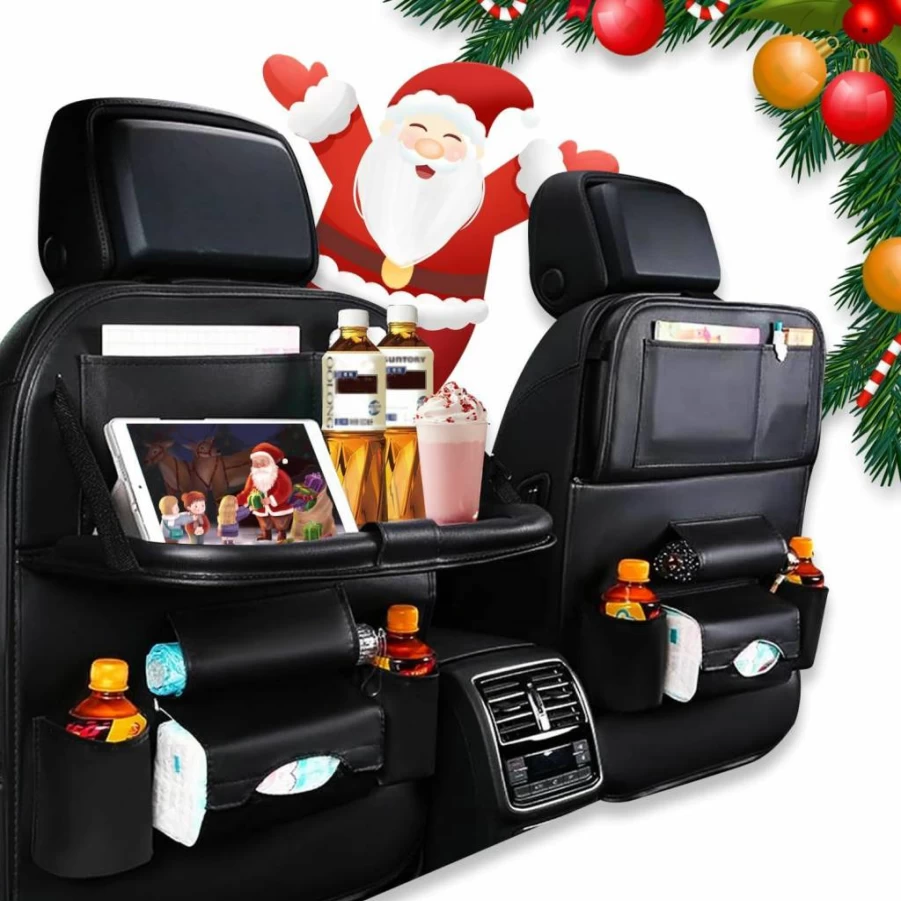 ONISMEZ Backseat Car Organizer with Foldable Tray, Tablet Holder & 8 Storage Pockets - Kids Travel Organizer for Snacks, Toys & Essentials (1 Pack)