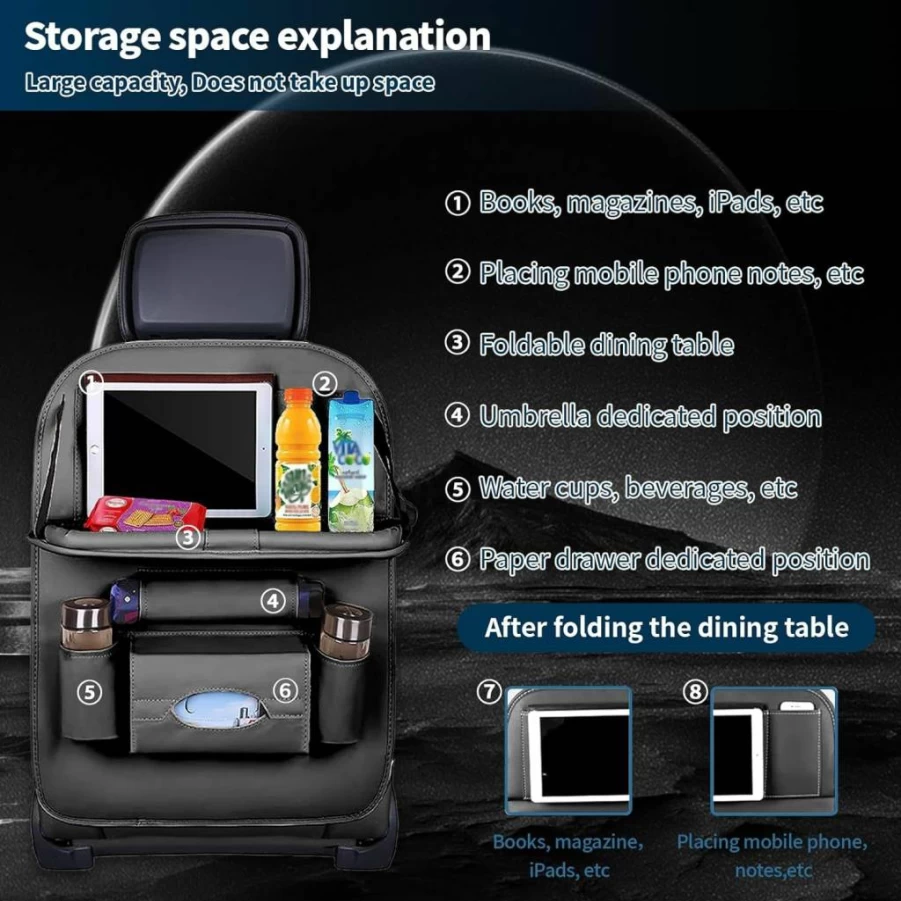 ONISMEZ Backseat Car Organizer with Foldable Tray, Tablet Holder & 8 Storage Pockets - Kids Travel Organizer for Snacks, Toys & Essentials (1 Pack)
