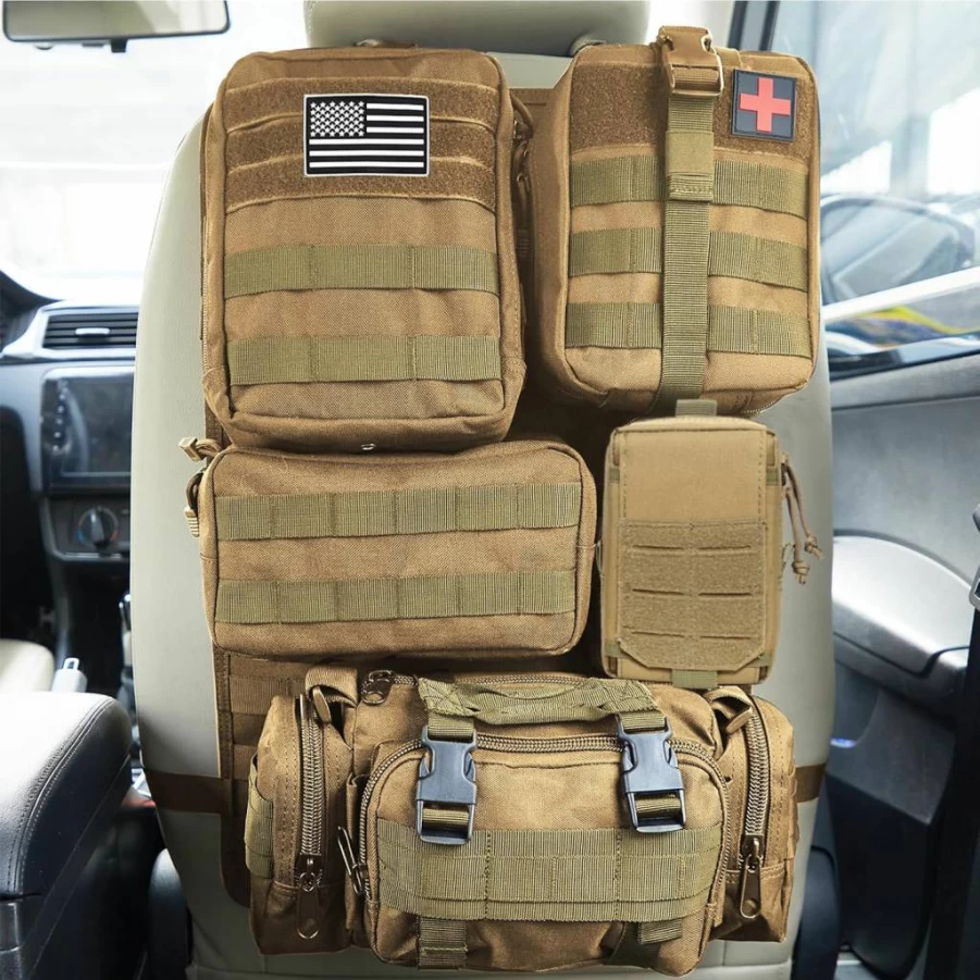 BXBXHD Tactical Car Seat Organizer with 5 Molle Pouches - Universal Vehicle Storage Bag for Truck, Jeep, Ford & More (Black)
