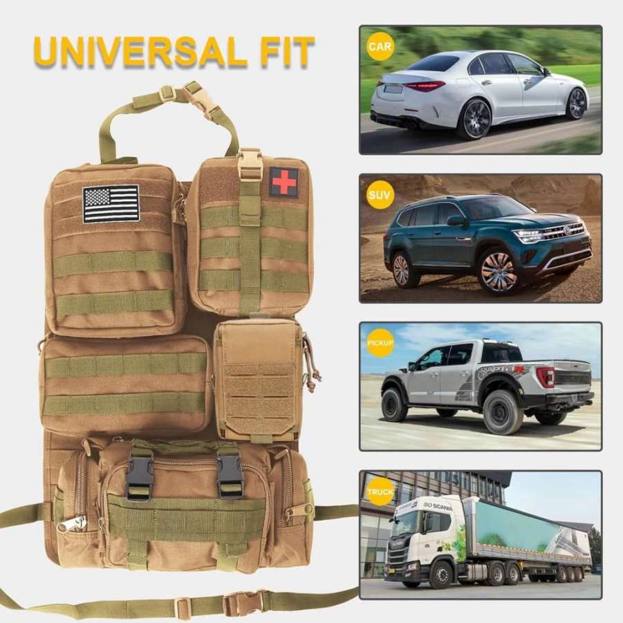 BXBXHD Tactical Car Seat Organizer with 5 Molle Pouches - Universal Vehicle Storage Bag for Truck, Jeep, Ford & More (Black)