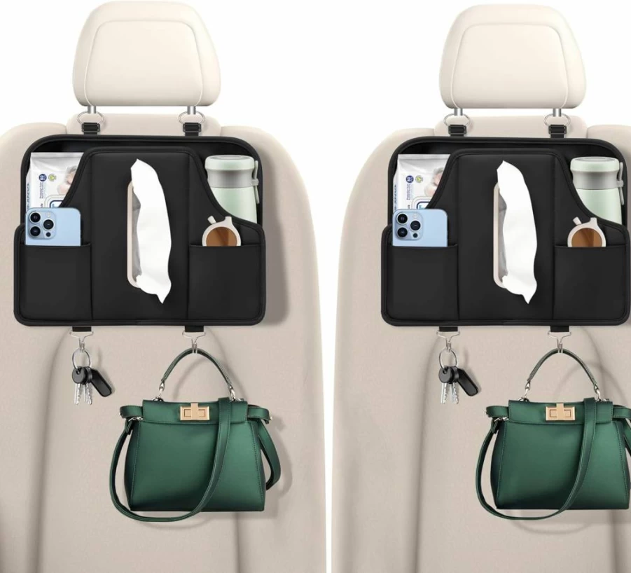WHHMK Premium PU Leather Car Back Seat Organizer with Extra Large Tissue Box Storage, Cup Holder & Headrest Hanger for 100-150 Tissues – Car Seat Back Storage for SUVs & Sedans