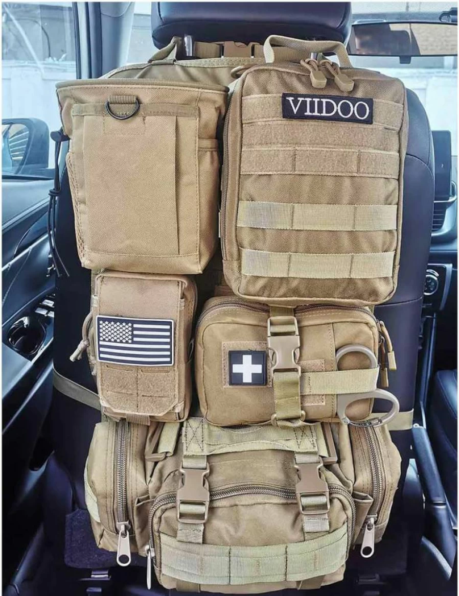 VIIDOO Tactical Car Seat Organizer with 5 Detachable Molle Pouches - Universal Fit for Trucks, SUVs & Vehicles (Tan)