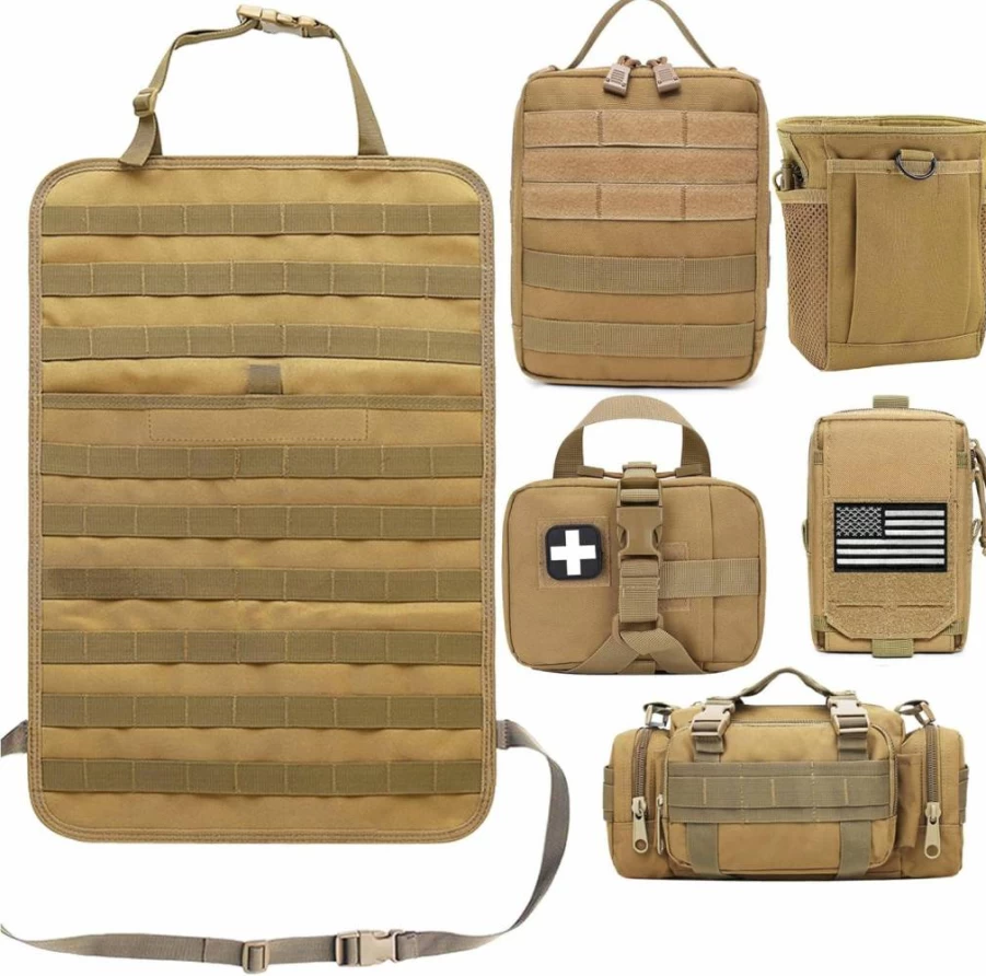 VIIDOO Tactical Car Seat Organizer with 5 Detachable Molle Pouches - Universal Fit for Trucks, SUVs & Vehicles (Tan)