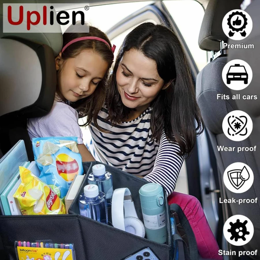 Uplien Premium Leather Car Storage Organizer - 6 Compartment Adjustable Caddy with Metal Handle & Slip-Proof Base for Front/Back Seats (Black, 2025 Model)