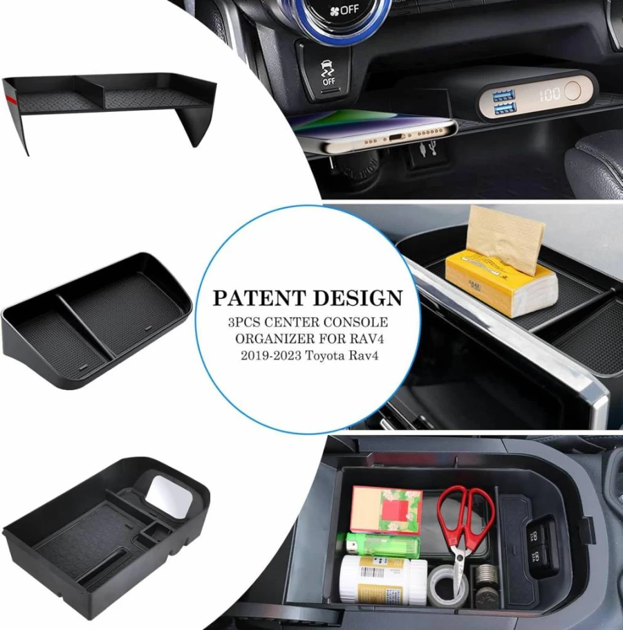 DIAMOOKY Center Console Organizer for Toyota RAV4 2019-2025 - Custom Armrest Storage Box & Dash Tray Set (3-Piece) - Excludes 10.5" Multimedia Display Models