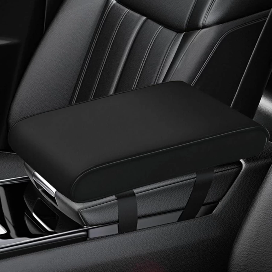 FURSATO Universal Car Center Console Cover - Leather Armrest Pad with Memory Foam Cushion, 2 Storage Bags & Waterproof Design for Most Vehicles