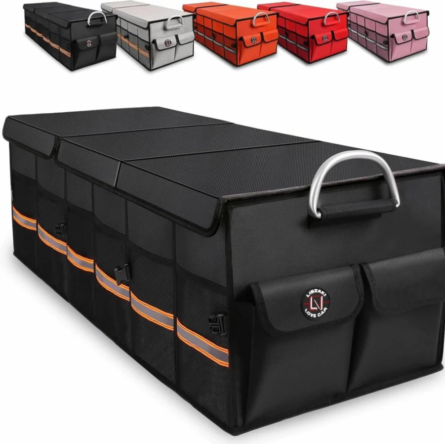 LI LIBZAKI Trunk Organizer for Car - Waterproof Collapsible Cargo Storage with Multi Compartments, Durable Oversized Black Car Trunk Organizer