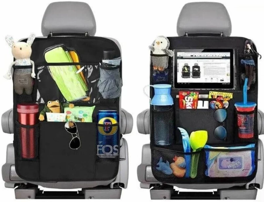 Universal Car Backseat Organizer with Adjustable Tablet Holder & Center Storage Straps
