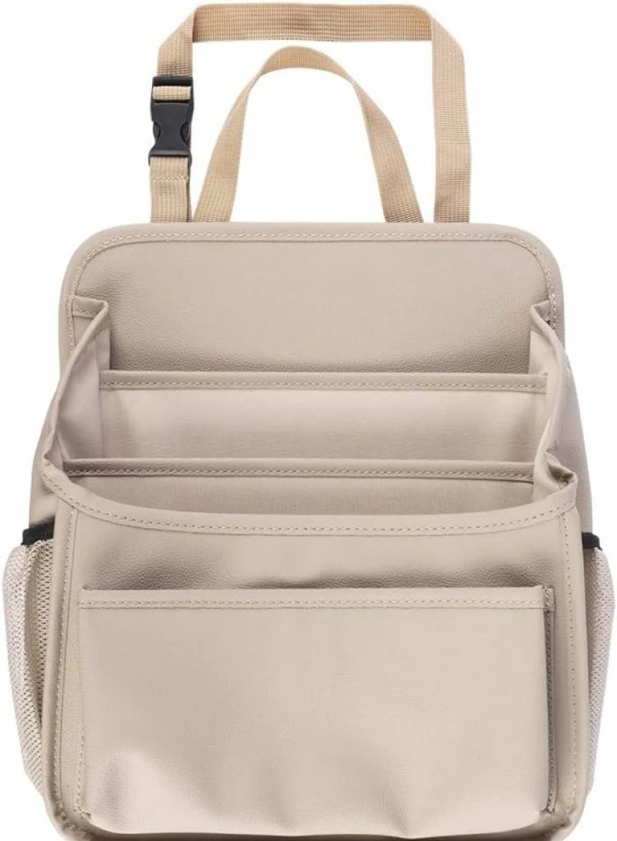 Viaviat Car Seat Organizer - Premium Leather Storage Bag with Adjustable Strap, Multiple Compartments & Cup Holders for Front Passenger Seat (Beige)