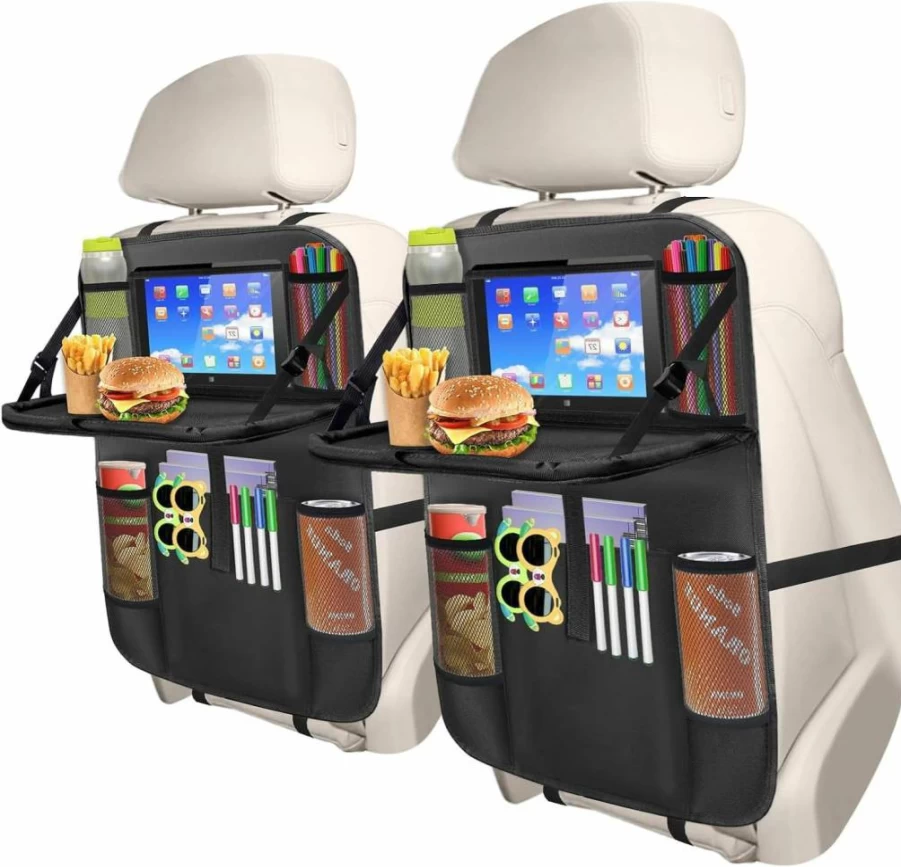 Meirenda 2 Pack Car Backseat Organizer with Foldable Tray, Multi-Pocket Hanging Storage Bag, Tablet Holder & Seat Protector for Kids Travel Accessories