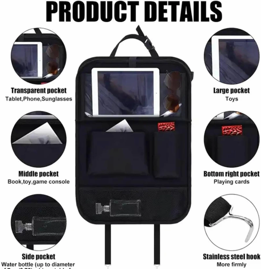 Meirenda 2 Pack Car Backseat Organizer with Foldable Tray, Multi-Pocket Hanging Storage Bag, Tablet Holder & Seat Protector for Kids Travel Accessories