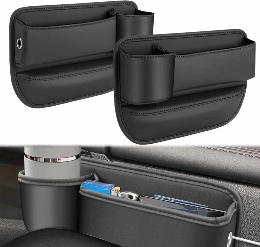 JINRUITOP 2 Pack Car Seat Gap Organizer with Cup Holder, Adjustable Leather Storage Box for Phone, Keys, Sunglasses & Cards, Black Auto Interior Accessories