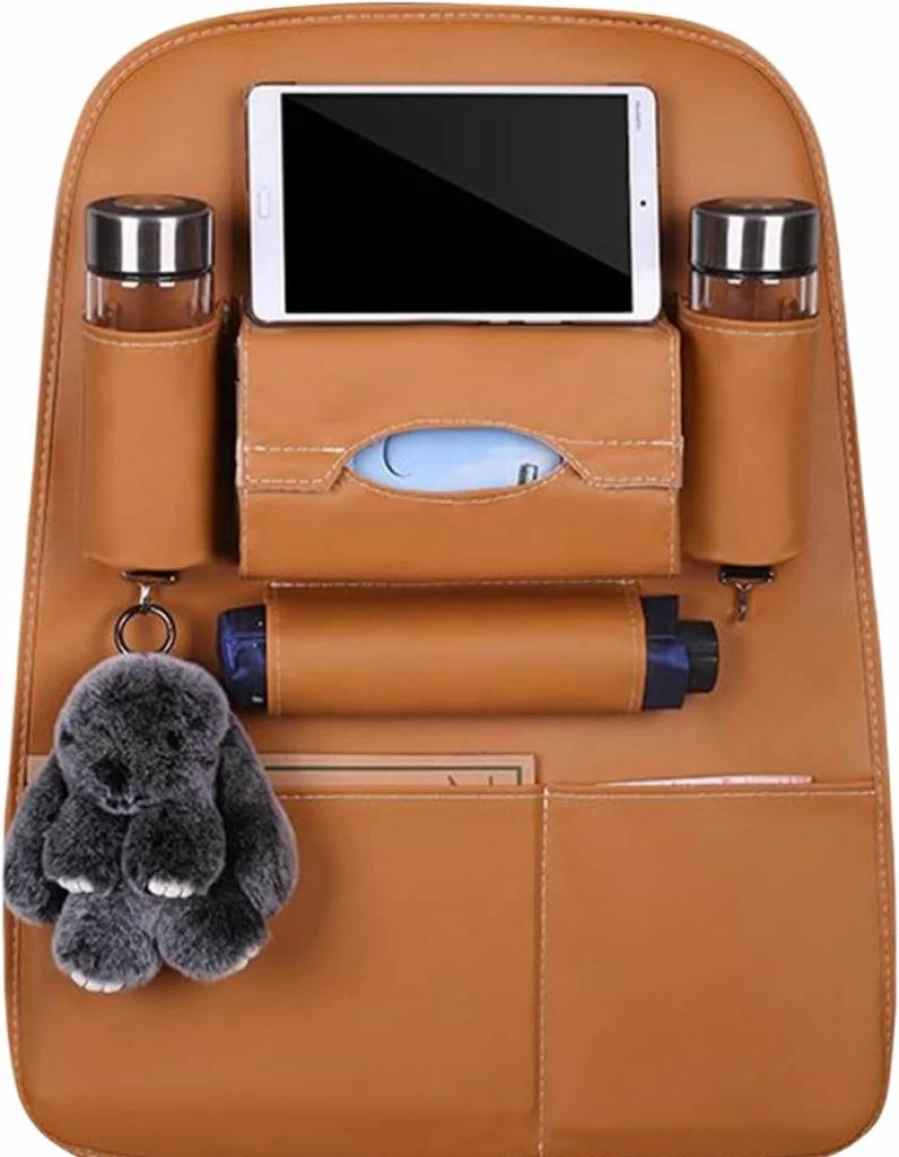 Generic Waterproof PU Leather Car Seat Organizer - Compact Travel Storage Pocket with Cup Holder for Kids & Family Road Trips