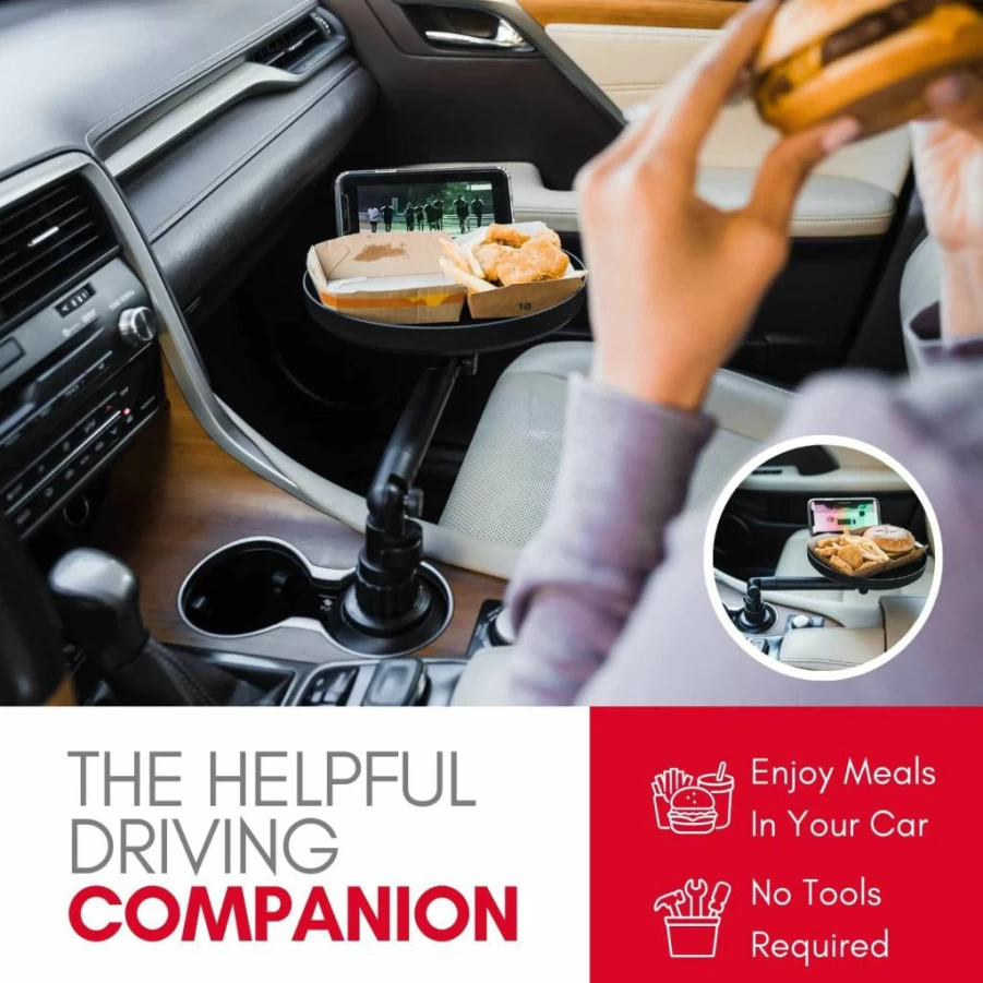 Macally Adjustable Car Cup Holder Tray with Swivel Arm - Food & Phone Holder for Cars - Compact Car Organizer & Dining Table