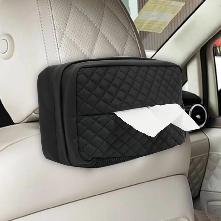 KEQMILAD Large Car Tissue Box Holder - Universal 120-Size Auto Headrest Napkin Dispenser for Standard Facial Tissues & Paper Towels, Black Automotive Organizer