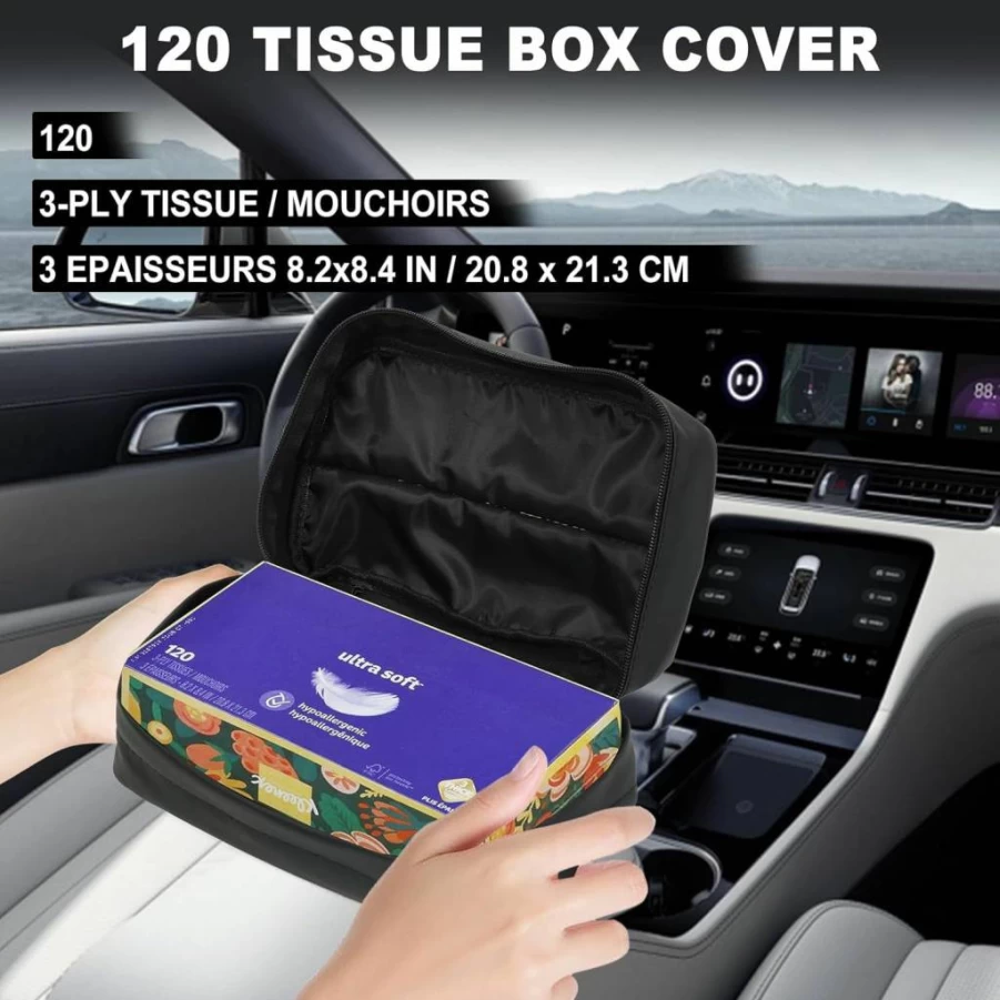 KEQMILAD Large Car Tissue Box Holder - Universal 120-Size Auto Headrest Napkin Dispenser for Standard Facial Tissues & Paper Towels, Black Automotive Organizer