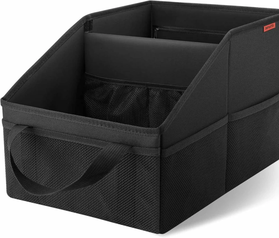 INFIVITA Car Organizer with Dividers, Handles & Mesh Pockets - Seat & Floor Auto Storage for Front & Back