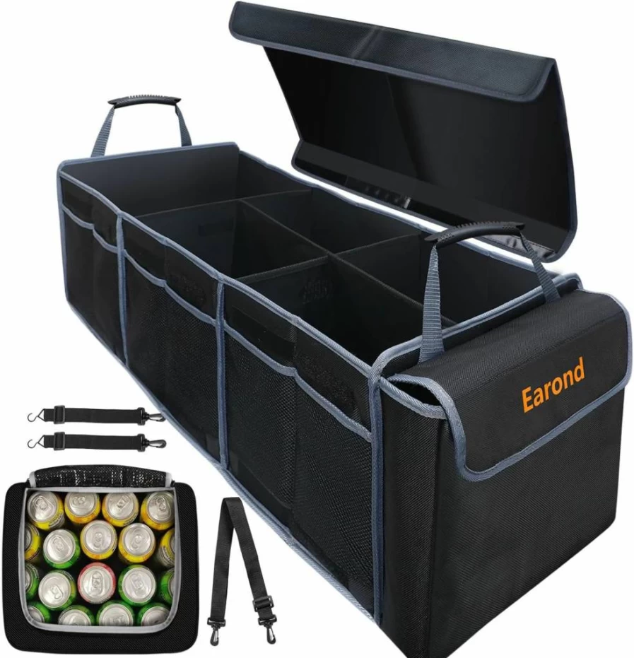 EAROND 4-in-1 Car Trunk Organizer with Leakproof Cooler Bag, Foldable Storage Box, Adjustable Straps for SUV, Truck & Vehicle Accessories
