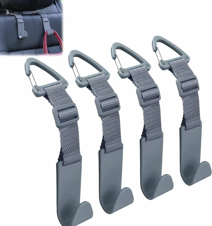Amooca 4 Pack Adjustable Car Headrest Hooks - Universal Seat Back Organizer for Purses, Bags & Accessories - Black Vehicle Storage Hangers with Secure Clip