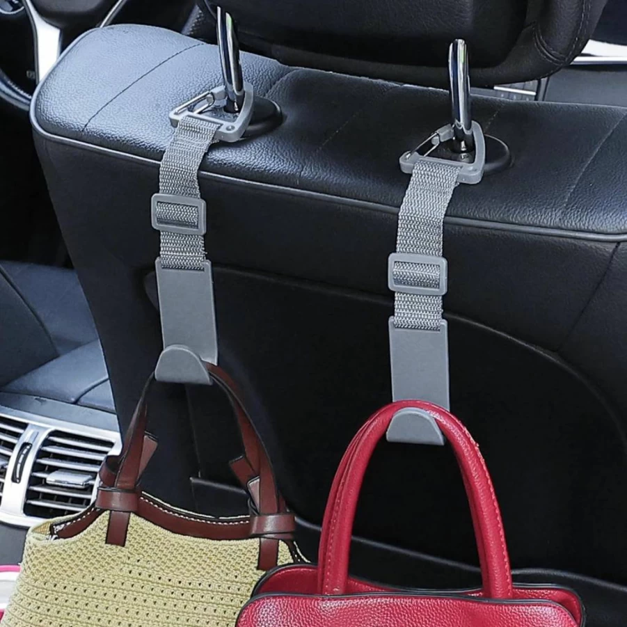 Amooca 4 Pack Adjustable Car Headrest Hooks - Universal Seat Back Organizer for Purses, Bags & Accessories - Black Vehicle Storage Hangers with Secure Clip
