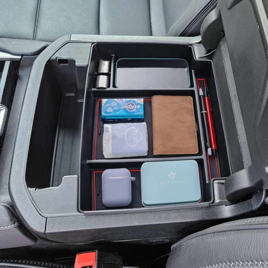 TOPINSTALL Power-Sliding Console Tray Organizer for 2021-2025 Chevy Tahoe Suburban & GMC Yukon - Black Armrest Accessory (Excludes Standard Console with Charging Socket)