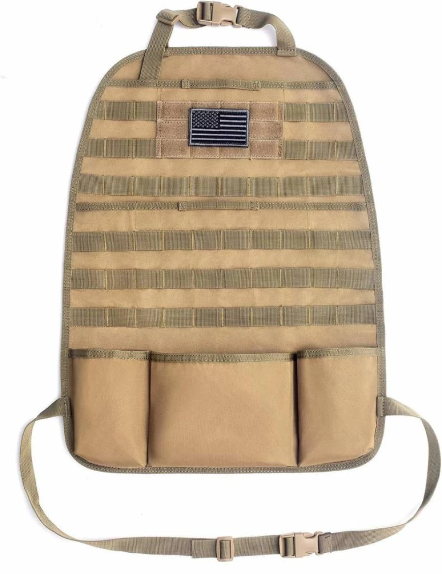 Tacticool Tactical Car Seat Organizer - Universal Fit Molle Panel Seat Protector with USA Flag Patch (Black) - Durable Vehicle Storage Solution