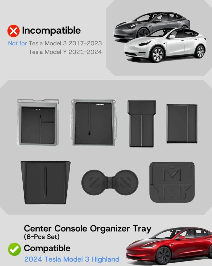 SUMK 2025 Tesla Model 3 Highland Center Console Organizer - Double Layer Hidden Storage Tray with Durable & Easy-Clean Design (7-Piece Set)