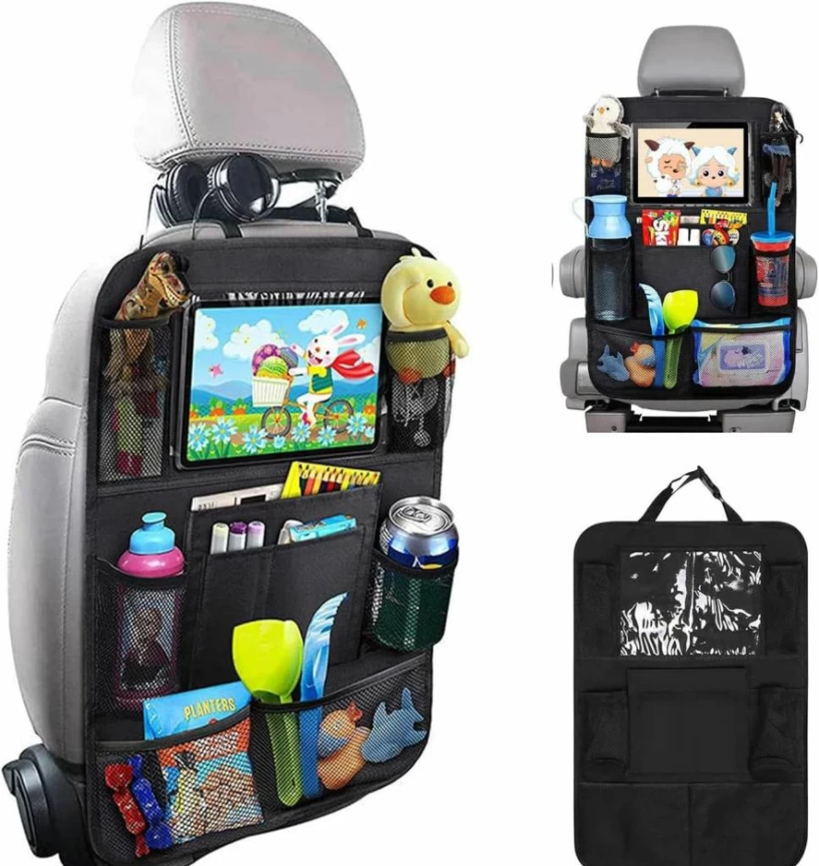 Matenf Car Seat Organizer with 9 Pockets & Tablet Holder - Back Seat Storage for Kids, Toddler Kick Mat Protector, Vehicle Travel Accessories (1-Pack)