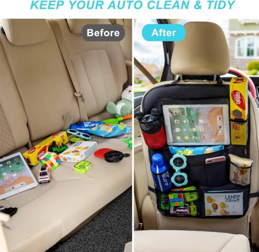 Matenf Car Seat Organizer with 9 Pockets & Tablet Holder - Back Seat Storage for Kids, Toddler Kick Mat Protector, Vehicle Travel Accessories (1-Pack)