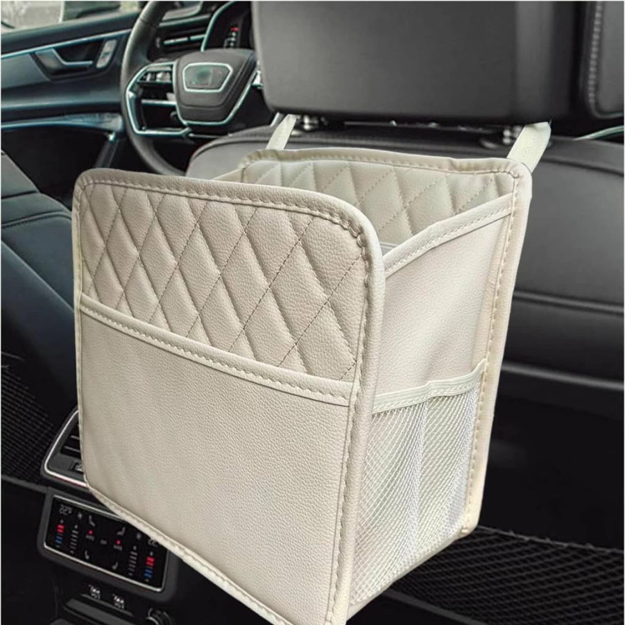 DXNQ Waterproof Leather Car Seat Organizer - Large Foldable Hanging Storage Bag with 3 Pockets for Auto Travel Accessories (Black)