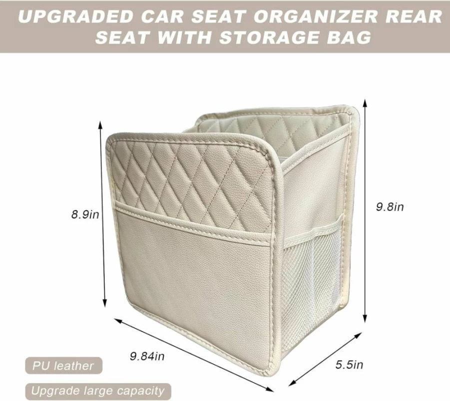 DXNQ Waterproof Leather Car Seat Organizer - Large Foldable Hanging Storage Bag with 3 Pockets for Auto Travel Accessories (Black)