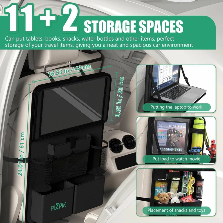 Plzpik 2-Pack Black Car Backseat Organizer with Tablet Holder, 11 Storage Pockets, Foldable Food Tray, and Kick Mats for Kids - Ultimate Travel Accessories Organizer