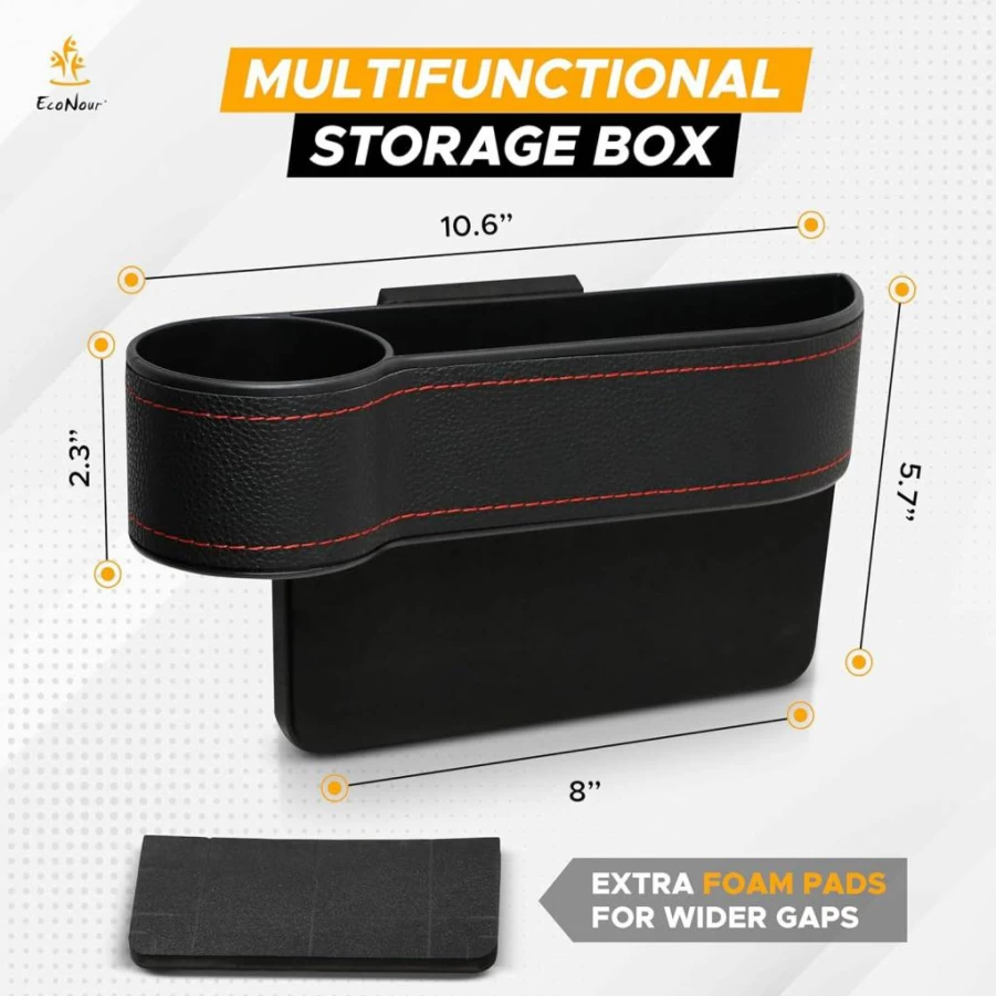 EcoNour Car Seat Gap Organizer with Cup Holder & Phone Slot - 25.4x15.2cm Auto Console Storage for Drinks, Cards & Accessories - Includes 2 Headrest Hooks for Secure Travel Use