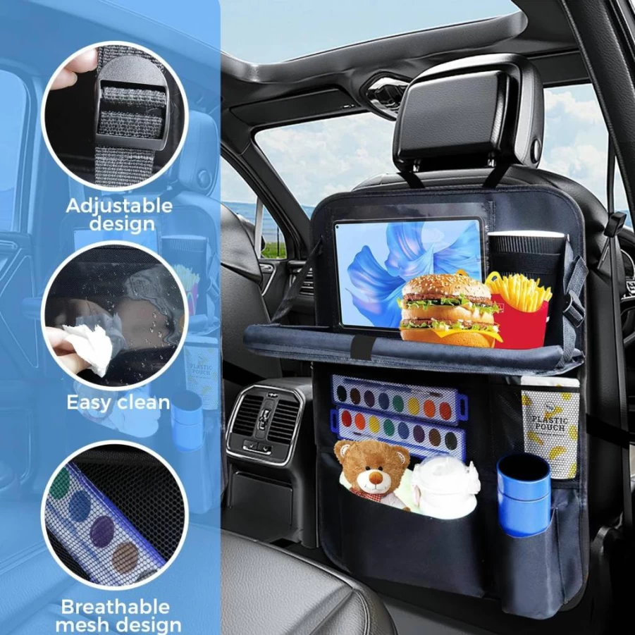 Rzoixuur 2-Pack Car Backseat Organizer with 9 Storage Pockets, Tablet Holder & Desktop Tray - Essential Travel Accessories for Family Road Trips