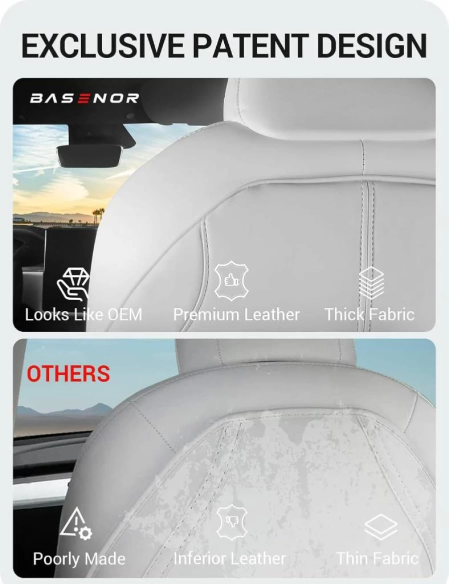 BASENOR Premium Leather Seat Back Protector for Tesla Model 3/Y/S/X - Waterproof, Scratch-Resistant Rear Seat Cover with Organizer Pocket (Set of 2, Black) 2025 Upgrade