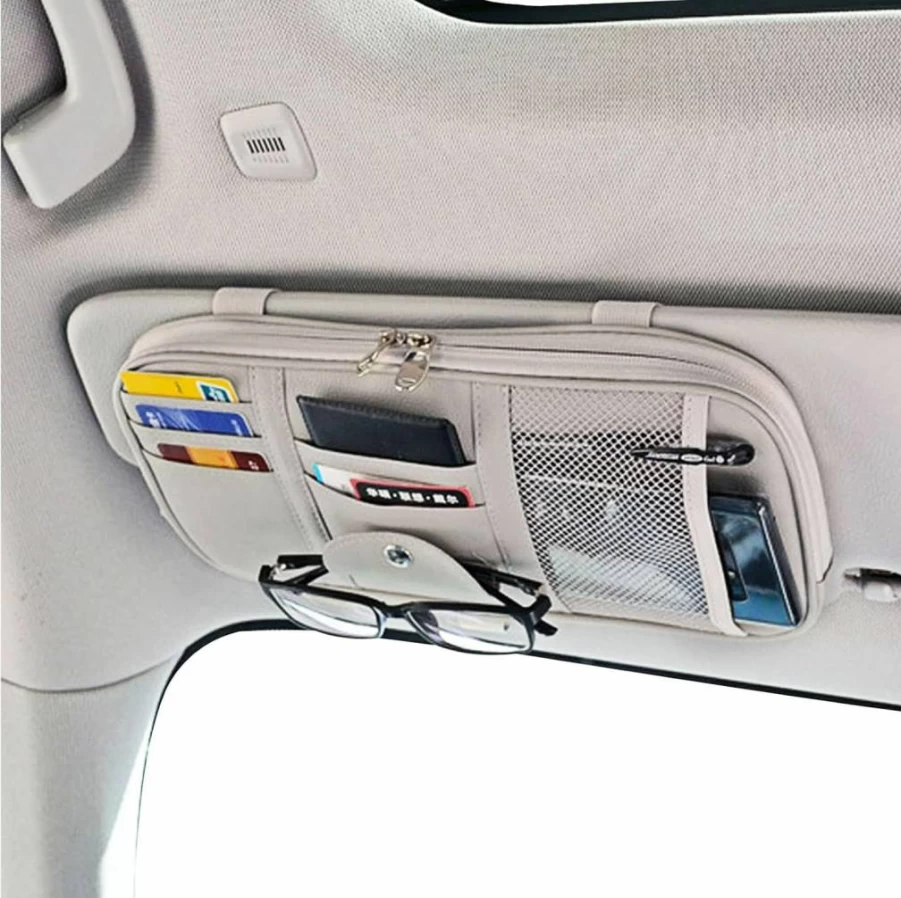 Da by Car Sun Visor Organizer - Black Multi-Pocket Storage Pouch with Double Zippers, Elastic Bands & Glasses Clip for Cars, SUVs, Trucks