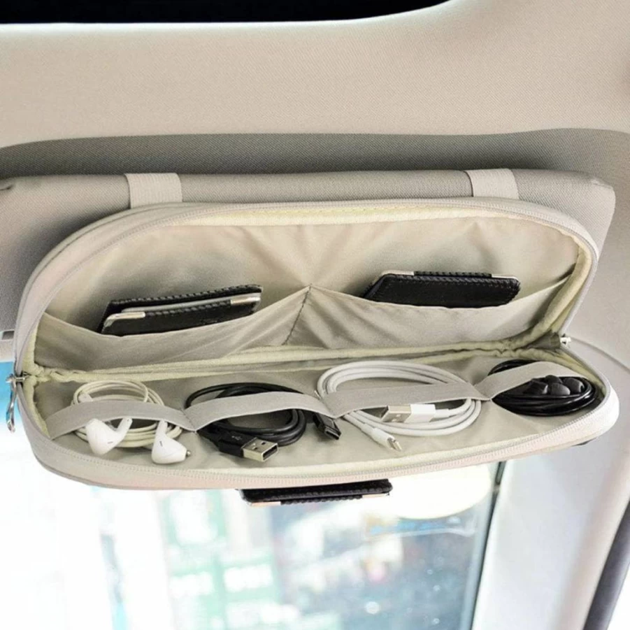 Da by Car Sun Visor Organizer - Black Multi-Pocket Storage Pouch with Double Zippers, Elastic Bands & Glasses Clip for Cars, SUVs, Trucks