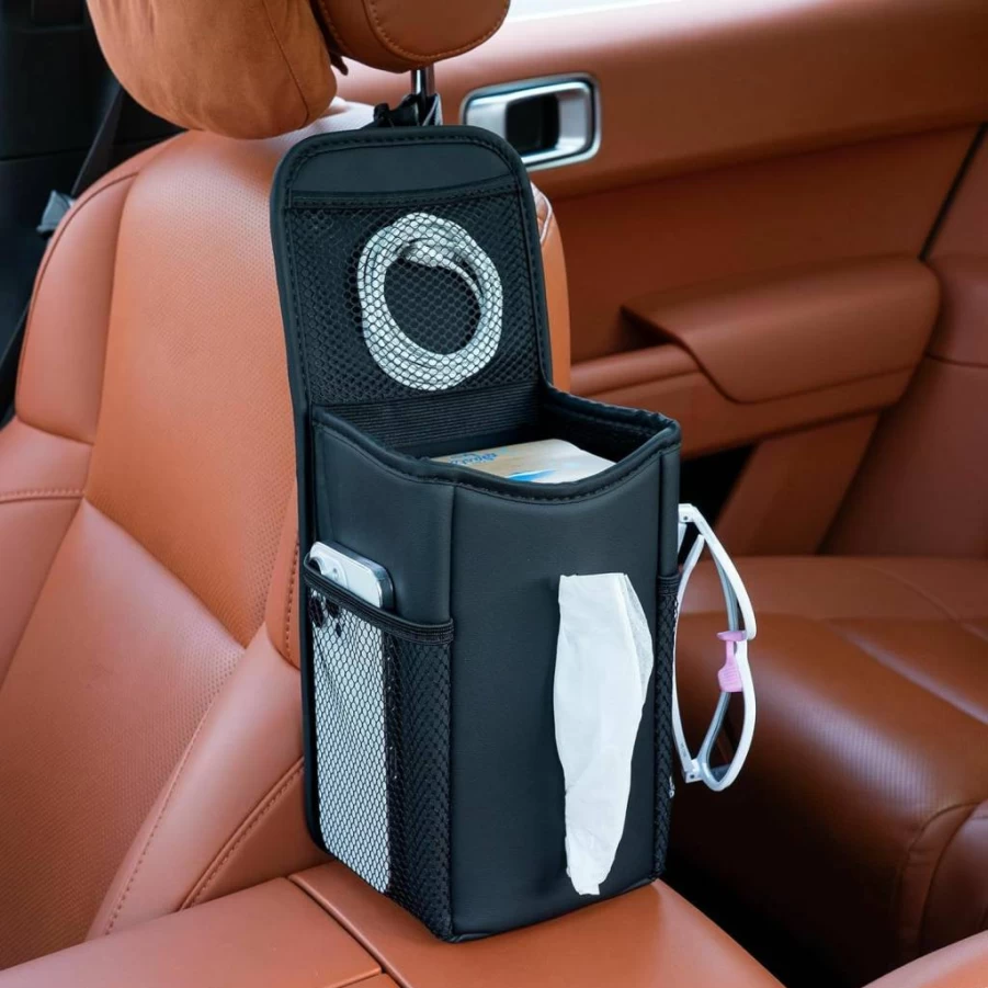 Riixazo Car Tissue Box Cover - Universal 3-Pocket Seat Organizer with Napkin Holder for 60/120/180 Tissues, Fits Cars SUVs Trucks (Style A, Black)