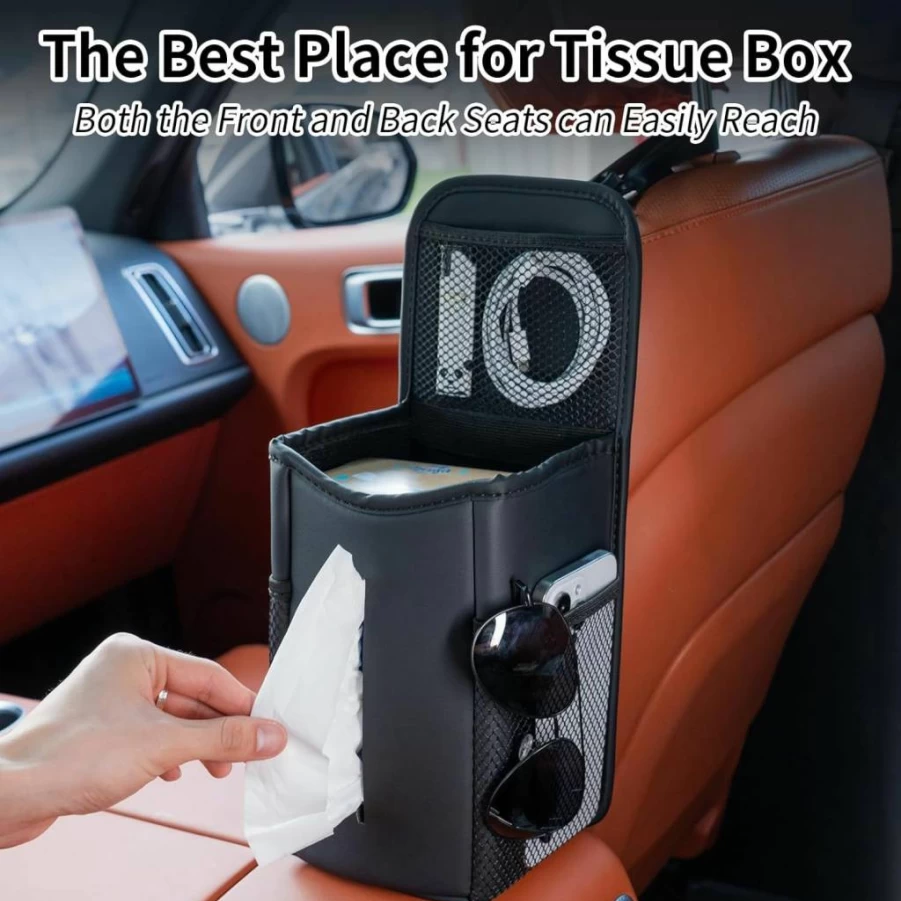 Riixazo Car Tissue Box Cover - Universal 3-Pocket Seat Organizer with Napkin Holder for 60/120/180 Tissues, Fits Cars SUVs Trucks (Style A, Black)